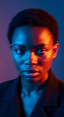 Poster - Close-up portrait of young woman, face illuminated by blue and orange light,  representing duality, contrast, or inner conflict