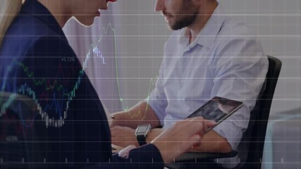 Poster - Colleagues tapping tablet and typing laptop at desk with finance graphs updating percentages