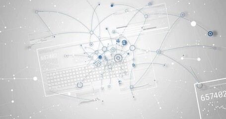 Poster - Blank gray scene spawning keyboard, nodes emerging, linking, panels sliding, forming data network