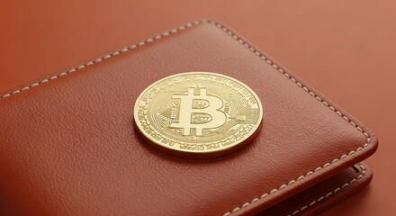 Poster - Close-up of gold Bitcoin on brown leather wallet, showcasing cryptocurrency investment and digital finance concept