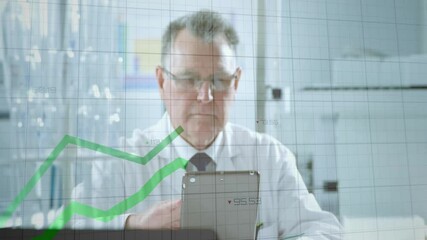 Poster - Senior scientist tapping tablet and analyzing green and black charts on translucent lab grid