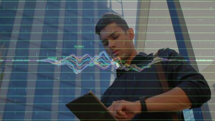 Poster - Male professional tapping tablet and monitoring tech waveform over office building glass facade