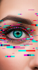 Poster - Close-up of a woman's eye with vibrant teal iris, overlaid by colorful digital glitch effect, symbolizing digital disruption or technological interference in human perception