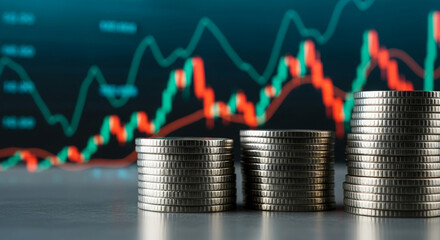 Poster - Stacks of silver coins against a blurred background of financial graphs, showcasing growth and investment concepts