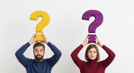 Poster - Man and woman hold large question marks above their heads, symbolizing questioning, decision-making, or problem-solving.  Concept showcases curiosity and inquiry. Free space for text