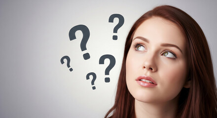 Poster - Woman with brown hair, looking up thoughtfully, surrounded by question marks, symbolizing uncertainty or contemplation, suitable for inquiry-related concepts