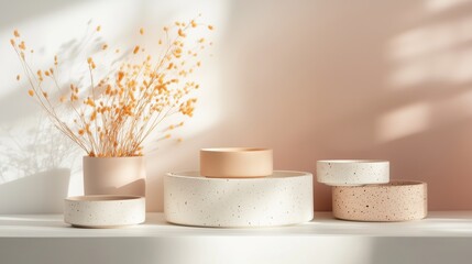 Poster - Decorative ceramics display showcasing minimalist design with dried flowers under soft sunlight in a modern interior