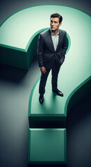 Poster - Businessman stands on large teal question mark, contemplating decision, showcasing uncertainty and business challenges, ideal for problem-solving concepts