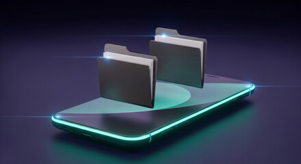 Poster - Two dark gray file folders hover above a teal-accented smartphone, set against a dark purple backdrop, illustrating digital data storage and mobile access
