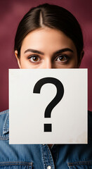 Poster - Woman's eyes peering over a white sign with a question mark, symbolizing mystery, uncertainty, or the search for answers