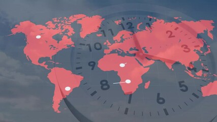 Aufkleber - Opening showing clock and red world map animating markers sweeping hands showing global network