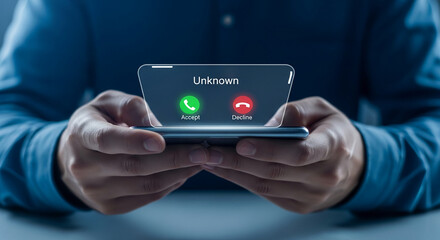 Poster - Hands hold phone displaying incoming call from unknown number, accept or decline options shown.  Illustrates decision-making in communication, uncertainty, digital interaction