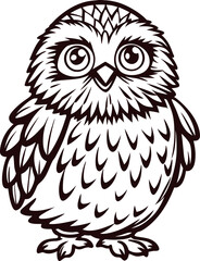 Hand drawn adorable owl illustration with wide eyes and intricate feather details in black and white line art
