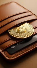 Poster - Brown leather wallet with gold Bitcoin inside, showcasing digital currency and finance concept.  Represents security, investment, and wealth.
