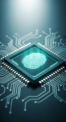 Aufkleber - Cybersecurity concept: glowing teal fingerprint on microchip, representing digital security, biometric authentication, and data protection