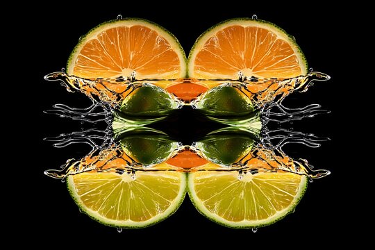 Orange and lime slices rendered in high-gloss 3D, colliding into water with symmetrical splash trails 