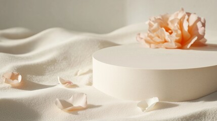 Poster - Soft pink flower rests on a minimalist white podium surrounded by delicate petals in a serene setting