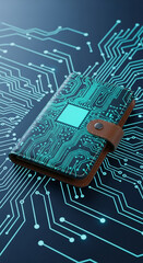 Poster - Leather wallet with circuit board design, resting on a circuit board background, symbolizing digital finance or secure transactions