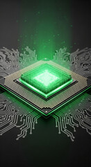 Poster - Close-up of illuminated central processing unit, showcasing intricate circuitry and green glow, symbolizing technological advancement and digital power