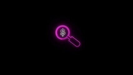 Poster - Animated neon sign with magnifying glass searching for a dollar symbol on black background