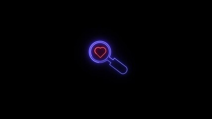 Poster - Neon magnifying glass searching for a heart glowing against a black background