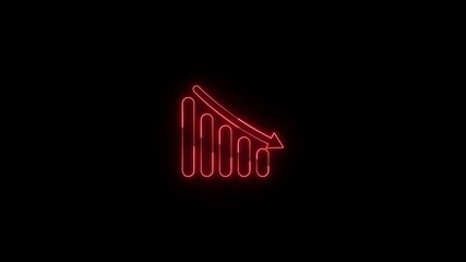 Poster - Glowing business graph animation. Futuristic data chart showing financial growth and analytics in motion Neon animated decreasing financial graph arrow indicating market downturn on black background