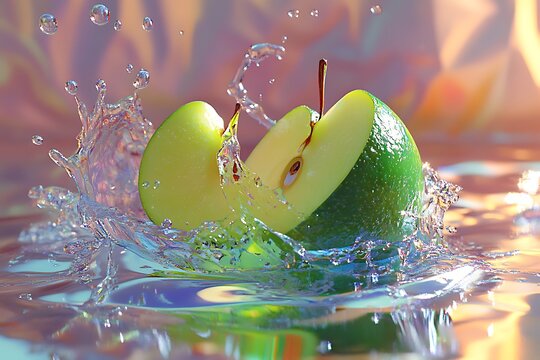 Apple-lime fusion rendered in glossy 3D, splashing into hyper-realistic water with frozen droplets 