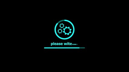 Fototapete - Abstract animated loading screen with gears and a progress bar on a black background.