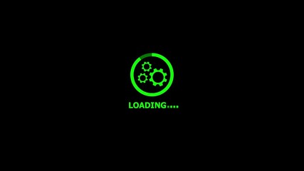 Fototapete - Green animated loading screen with gear icons progressing on black background