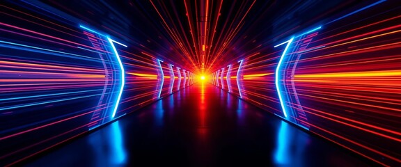 Wall Mural - Symmetrical blue and orange light tunnel, vibrant streaks converge to vanishing point,  blue,   shapes
