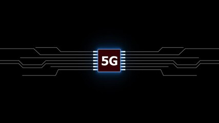 Fototapete - Futuristic 5g technology concept with circuitry and digital communication network. 5G network animation. Futuristic digital communication with high-speed data transfer and wireless connectivity.