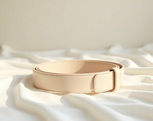 Poster - Elegant cream-colored belt coiled on soft white fabric creating a minimalist and visually appealing fashion accessory scene