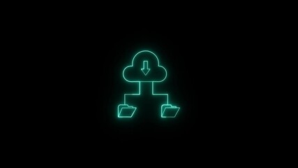 Poster - Animated neon cloud technology data transfer with file folders on dark background