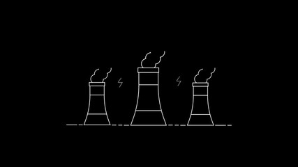 Poster - Animated illustration of power plant chimneys generating electricity. Power plant animation. Minimal black and white outline showing chimneys with smoke and electricity generation.Ask ChatGPT