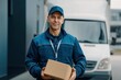 © Timofeeff - smiling delivery person in a blue uniform holds a box. A white van is visible in the background