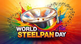 A vibrant illustration celebrating World Steelpan Day, featuring a steelpan drum amidst colorful paint splatters and musical notes.