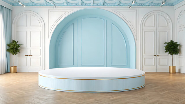 Elegant Light Blue Round Podium in Classic Interior Room Setting Perfect for Product Displays, Presentations, and Events