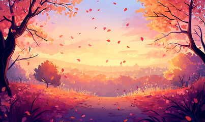 Poster - Autumn background with fall leaves and a blurred natural landscape in the park at sunset. Autumn season, a beautiful autumn scene. Autumn background.