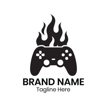 A black and white logo featuring a game controller with flames and brand name and tagline text below it