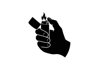 Poster - Black silhouette of a hand holding a lit lighter with flame on a white background simple illustration