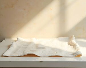 Poster - Photorealistic Close-Up, White Rectangular Fabric on Table Bathed in Sunlight, Subtle Textures and Warm Lighting Highlighting Minimalist Aesthetic
