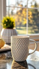 Poster - Enjoy a relaxing morning ambiance with a decorative coffee mug, warm sunlight, and a calm outdoor garden setting