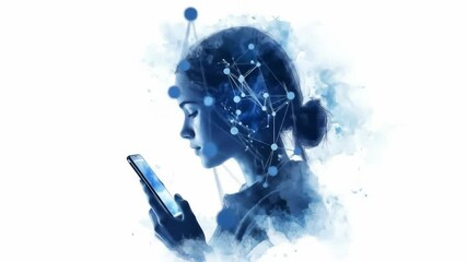Poster - Woman using smartphone, digital connection concept - Watercolor-style illustration of a young woman using a smartphone, with a network of connections visualized within her mind, representing the