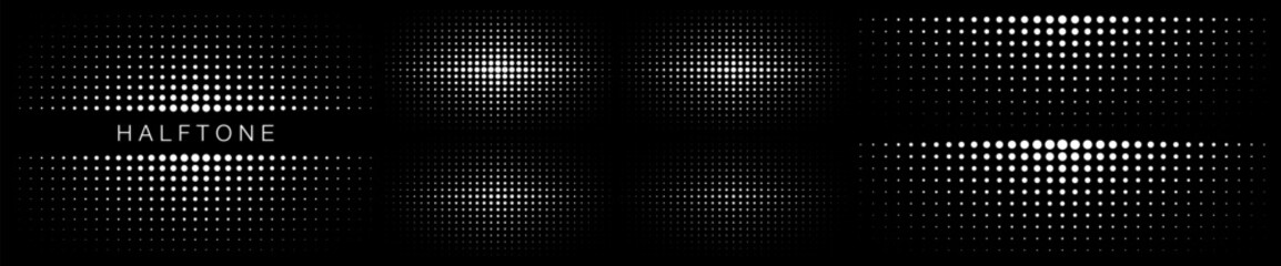 Wall Mural - set of white halftone dots curved gradient pattern textures background. curve dotted spots using hal