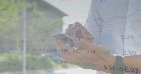 Poster - Male investor tapping smartphone and loading financial app, monitoring live stock graph overlays