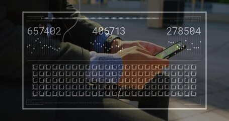 Poster - Man sitting on bench tapping smartphone screen spawning pulsing numeric overlay for data monitoring
