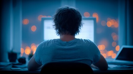 Poster - Man is sitting at a desk with a computer monitor in front of him. The room is dimly lit, and the man is focused on his work. Concept of concentration and productivity