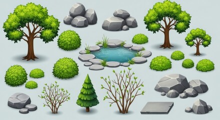 Illustration depicting trees, bushes, pond, and rocks on a light background