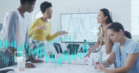 Poster - Business team lead gesturing at blueprint, sparking lightning icon and gliding waveform