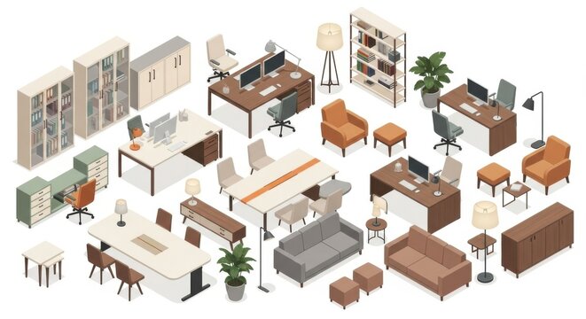 Isometric view showcasing an arrangement of office furniture and decorations